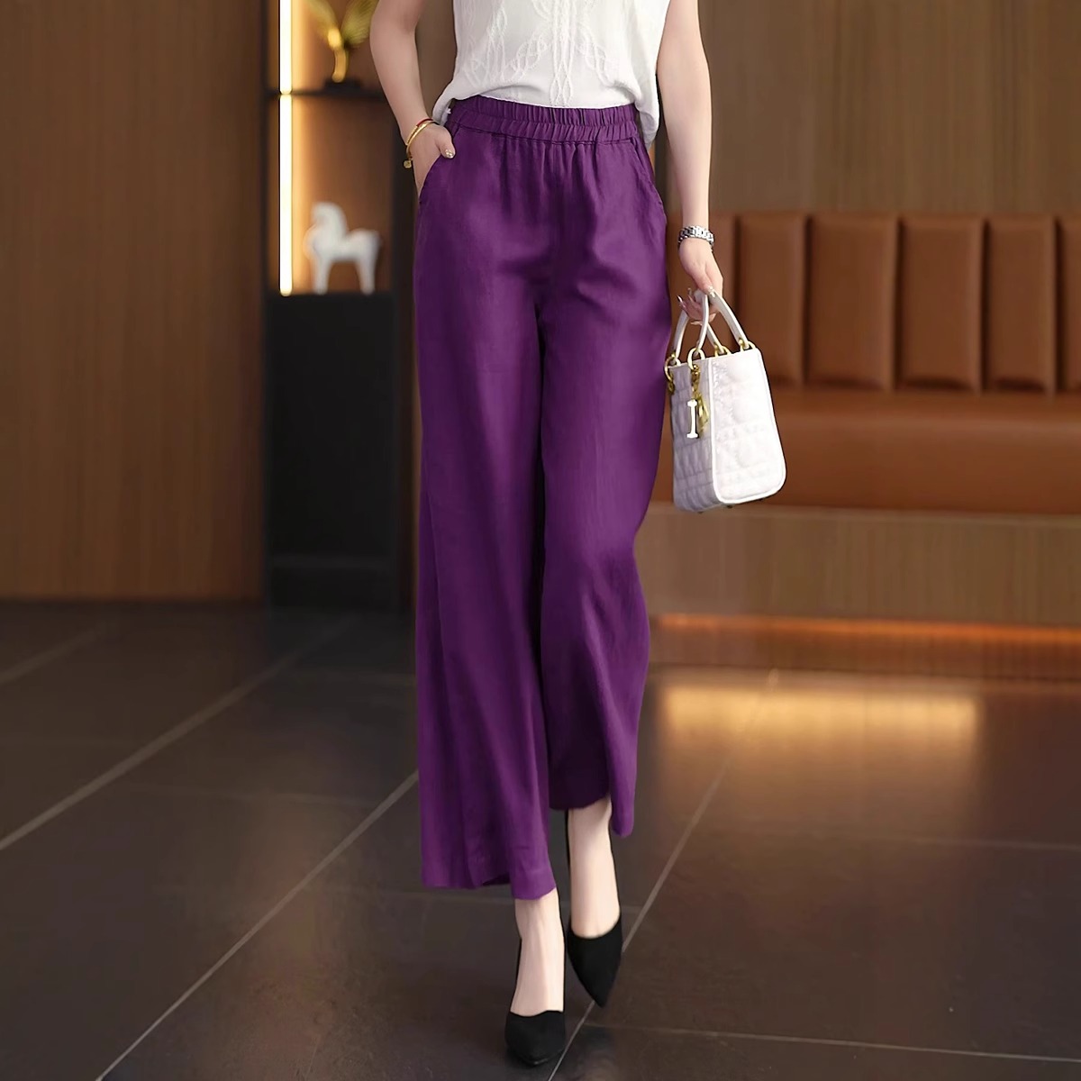 紫色亚麻减龄气质休闲裤女2025夏季薄直筒裤子高腰显瘦妈妈阔腿裤