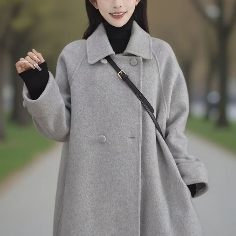 拉夏贝尔娃娃领中长款双面风衣女2025秋冬季气质百搭休闲外套