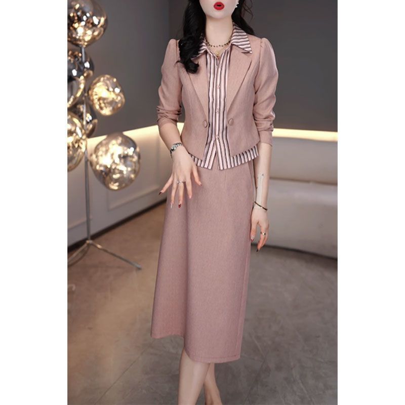 气质显瘦设计感条纹拼接假两件上衣+2025春季新款半身裙两件套女