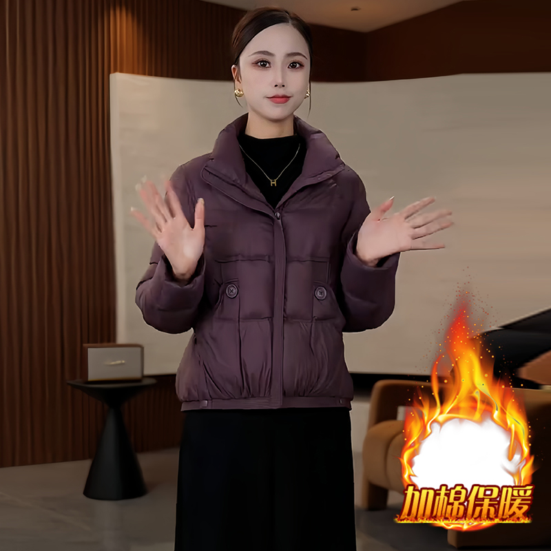 2025年冬季新款小个子极简风长袖立领棉服女加厚保暖百搭拉链外套