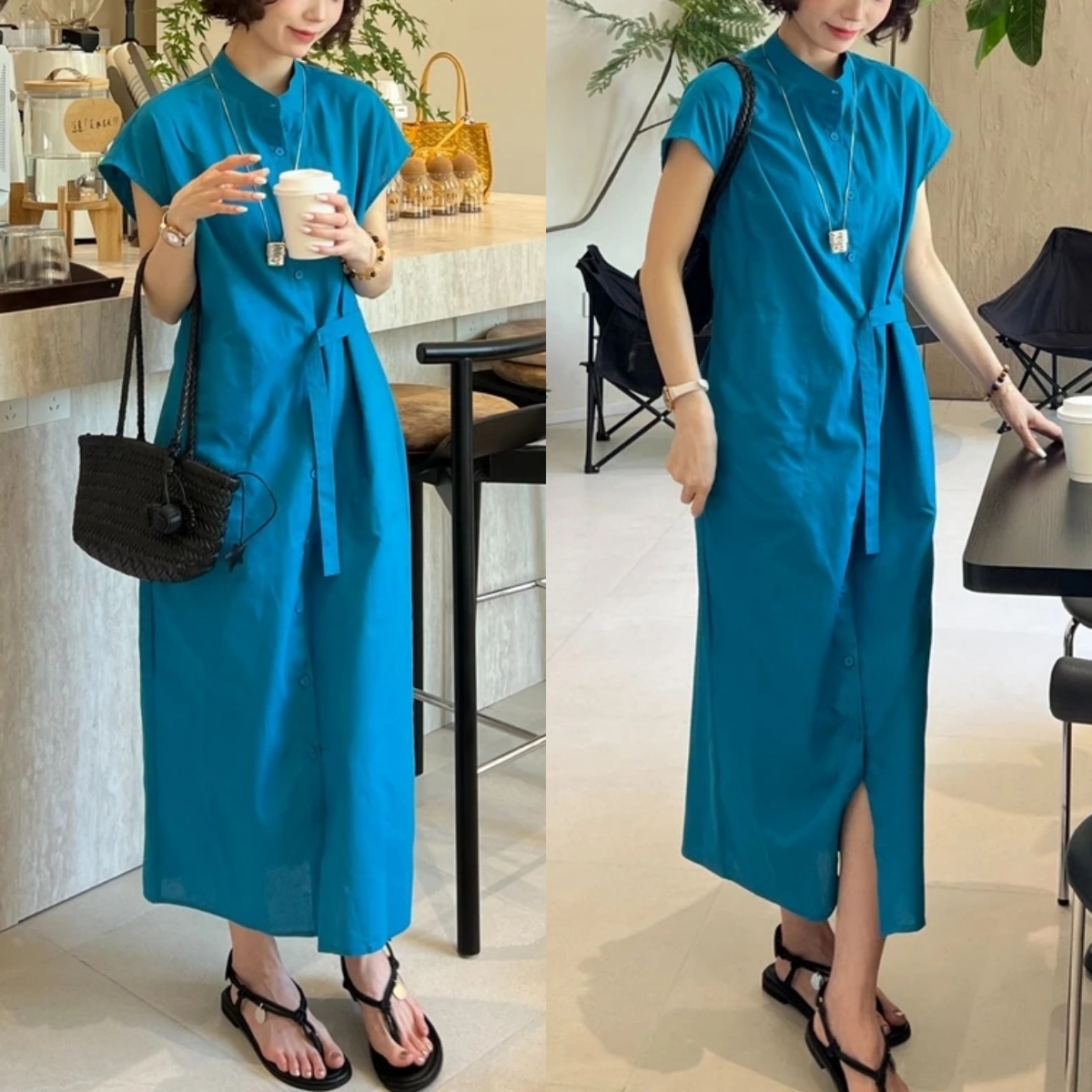 时尚短袖连衣裙女夏季新款设计感宽松显瘦单排扣中长款休闲裙子潮