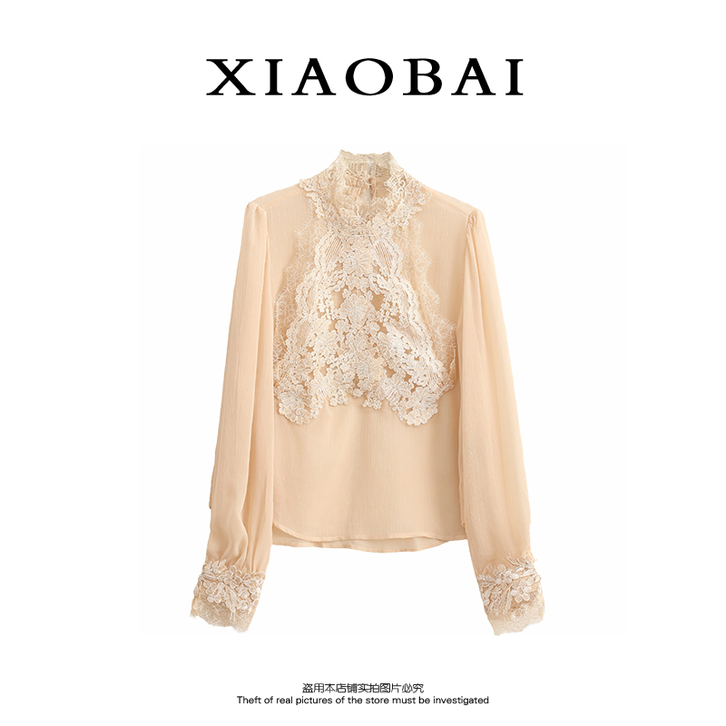 XIAOBAI 法式蕾丝衬衫秋季休闲拼接长袖衬衣百搭镂空薄款洋气上衣