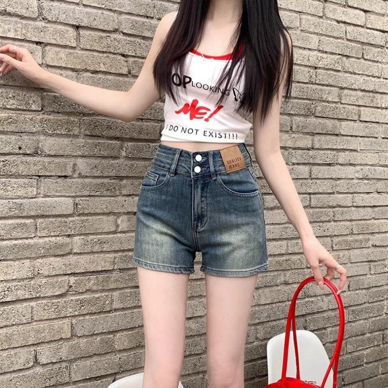 夏季薄款高腰弹力包臀牛仔短裤女辣妹显瘦设计感双排扣a字热裤子