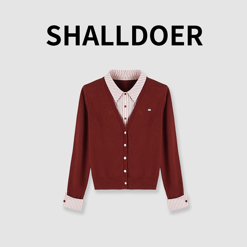 假两件撞色长袖针织开衫女2025春秋新款衬衣时尚宽松显瘦打底上衣