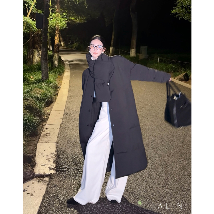 阿琳ALIN【墨夜】冬季新国标90绒白鸭羽绒服女长款围脖外套AL5OSR11