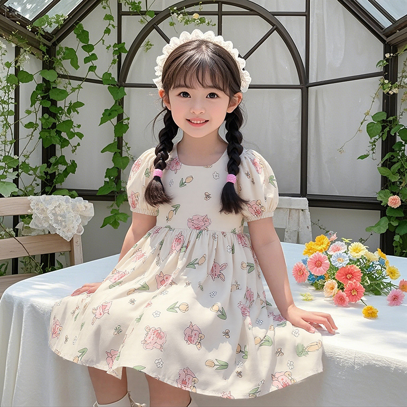 女童连衣裙夏季儿童绵绸碎花裙中大童女孩时尚洋气裙子清新公主裙