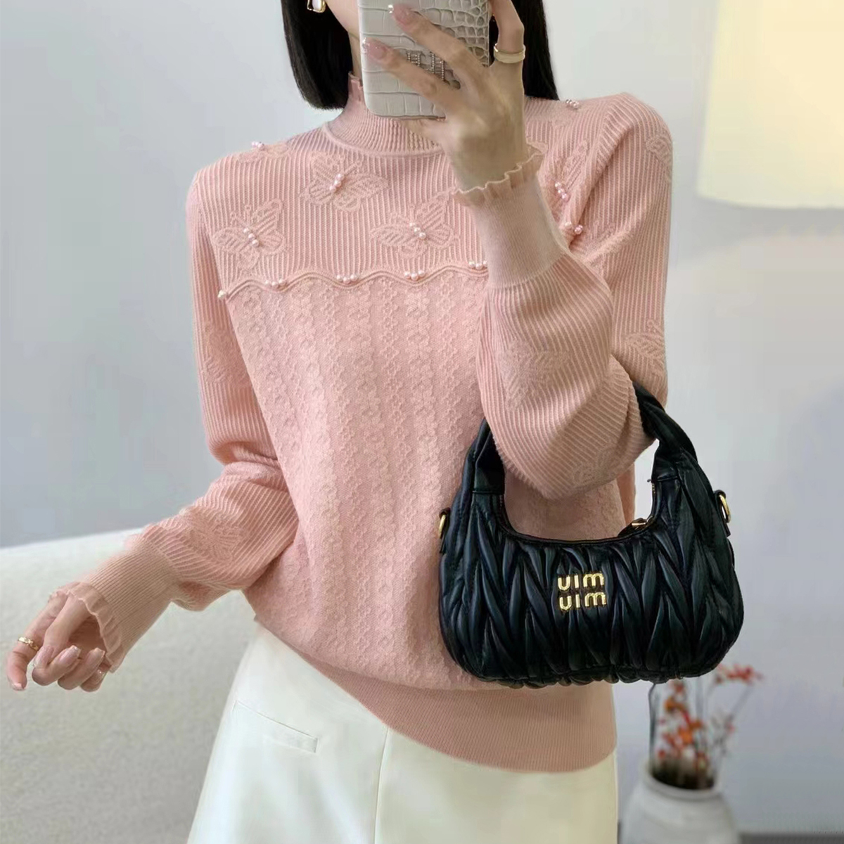 商场同款洋气羊毛半高领蕾丝打底衫女秋冬高级感钉珠内搭毛衣