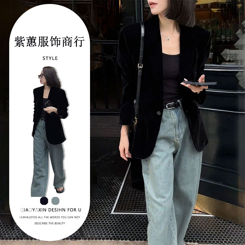 高级感炸街黑色丝绒西装外套女春秋显瘦气质女神范西服上衣套装