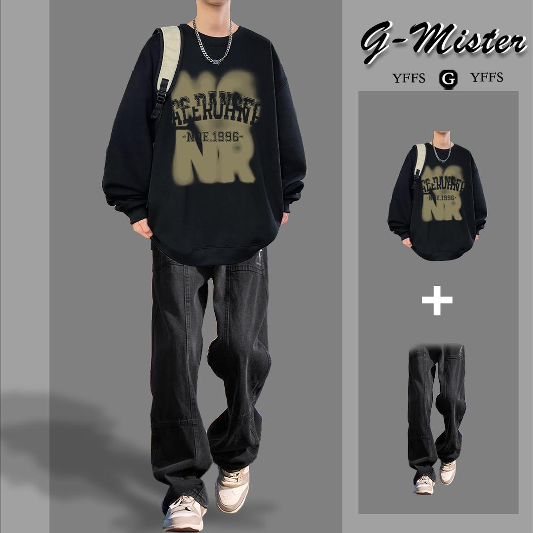 秋冬圆领卫衣套装男生休闲搭配潮流帅气一套男装高街牛仔裤两件套