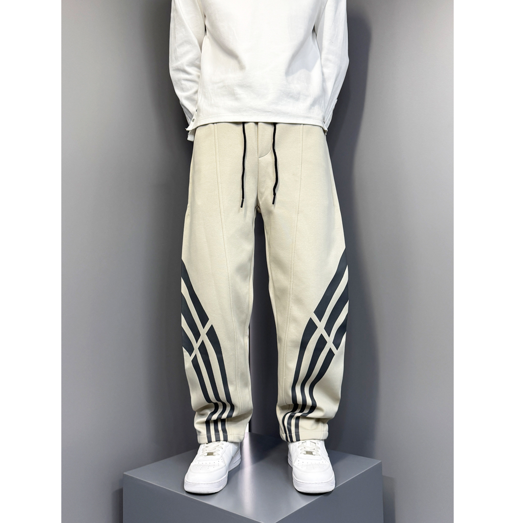 早秋新款印花条纹百搭休闲裤冬季加绒加厚卫裤痞帅宽松直筒运动裤