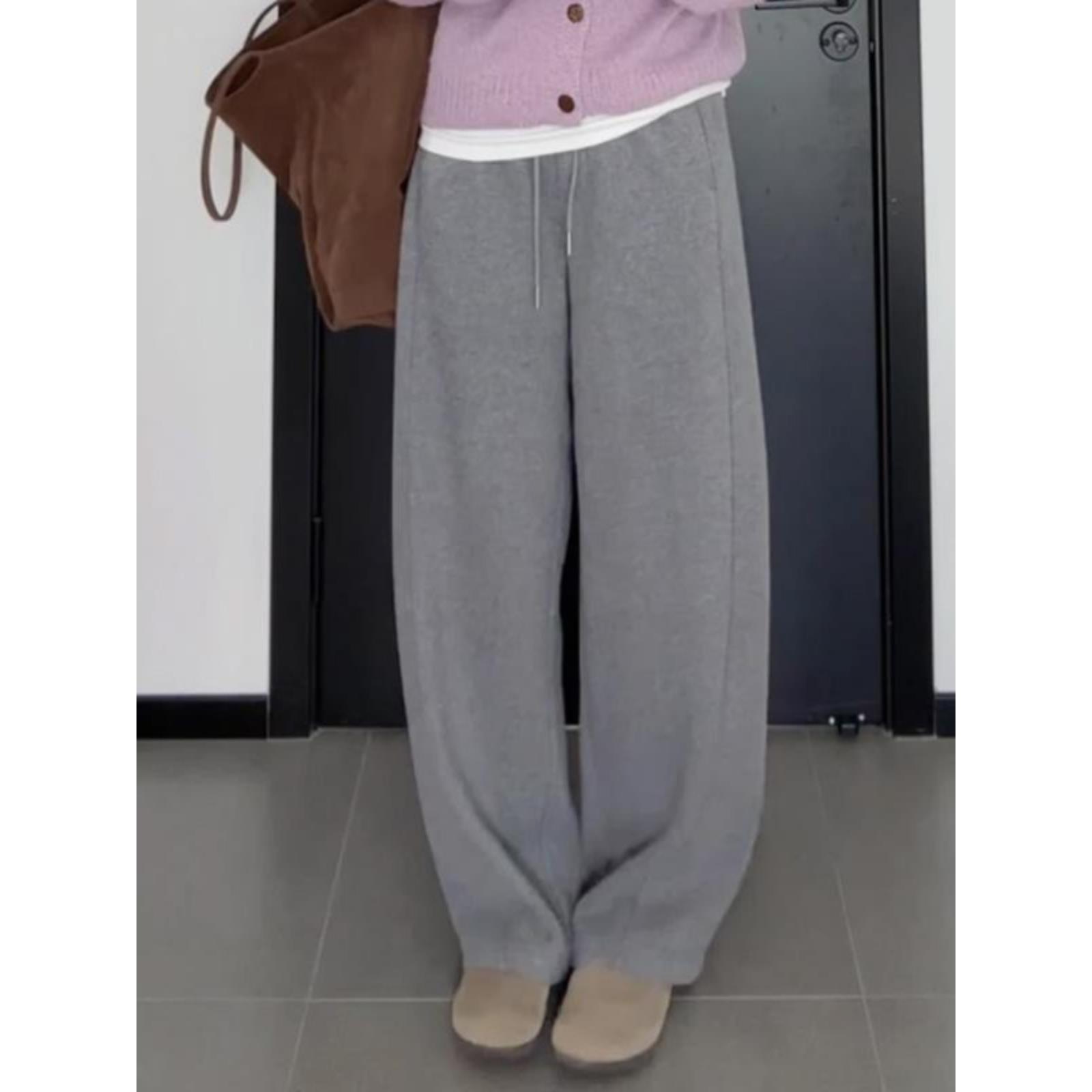 裤灰色宽松休闲天鹅绒直筒加厚拖地镰刀松紧带阔腿裤束腰秋炸街潮