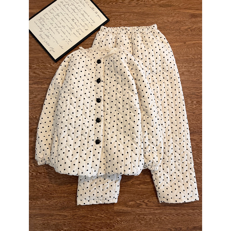 韩系温柔甜美波点夹棉睡衣女秋冬季新款保暖休闲家居服套装可外穿