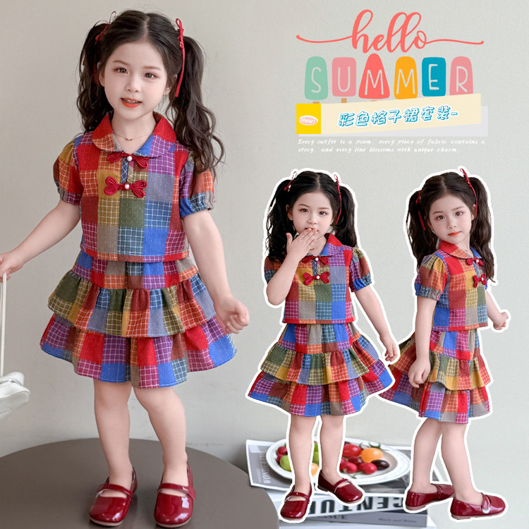 夏季少女风纯色格子女常规套装学院风女童连衣裙裙子时尚新款透气