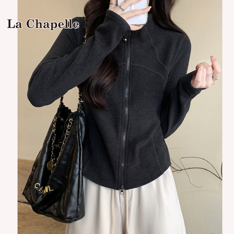 拉夏贝尔韩系设计感双拉链磨毛长袖T恤女秋冬修身显瘦打底衫上衣