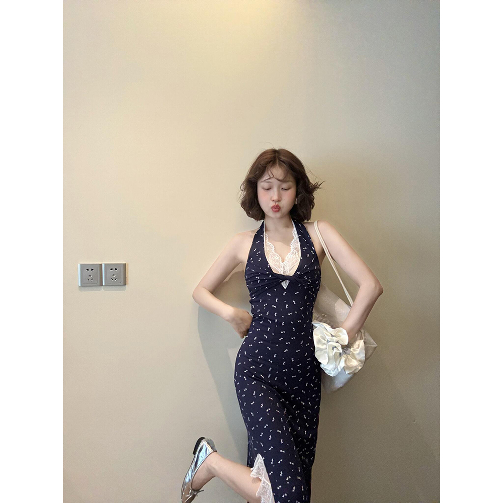 iNSLiSA 时尚印花挂脖夏季碎花气质收腰连衣裙长裙名媛套头