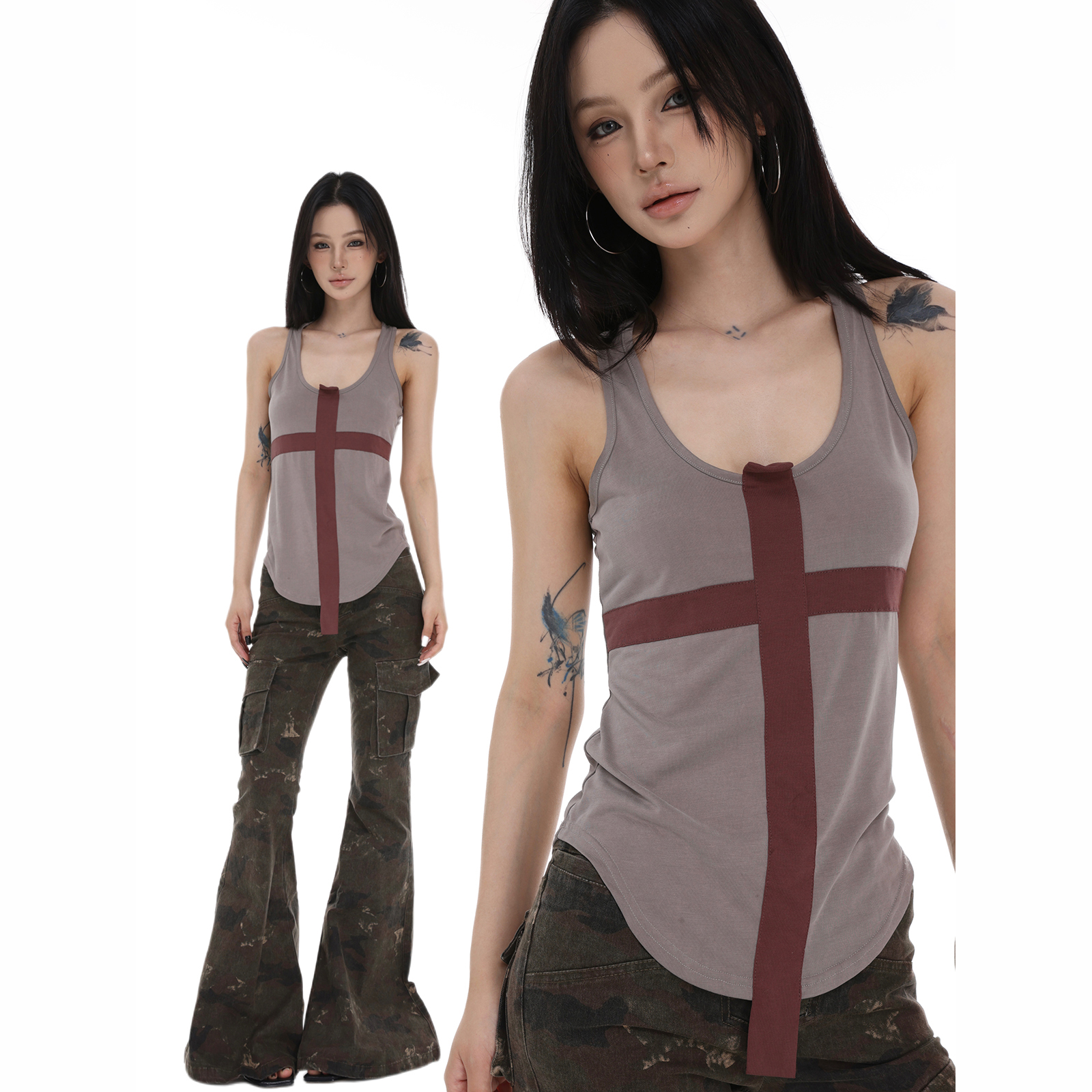 新款美式辣妹复古修身十字撞色设计拼布吊带背心显瘦上衣女