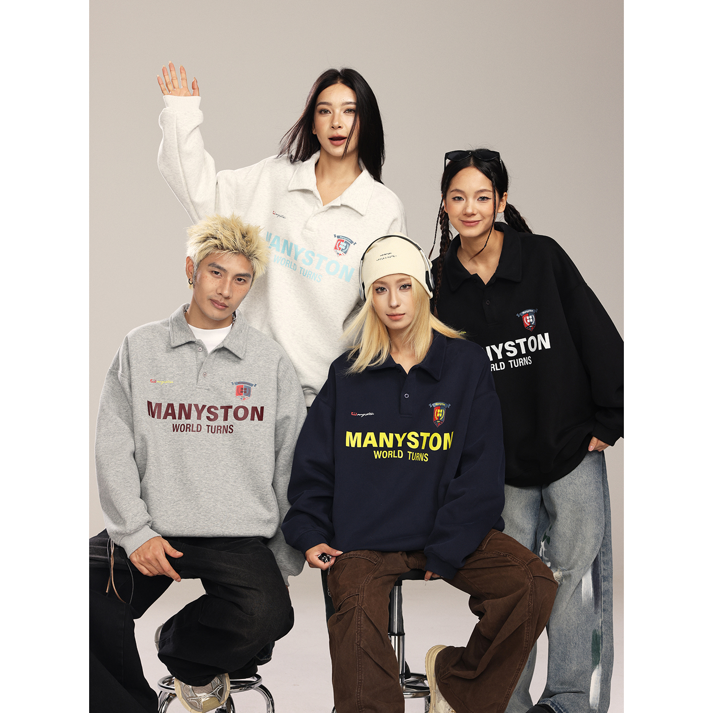 MANYSTON美式420g重磅翻领POLO衫卫衣男款春秋季宽松情侣套头外套