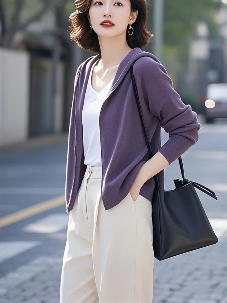 通勤慵懒风纯色长袖女春季短外套韩版短款开衫女装针织洋气