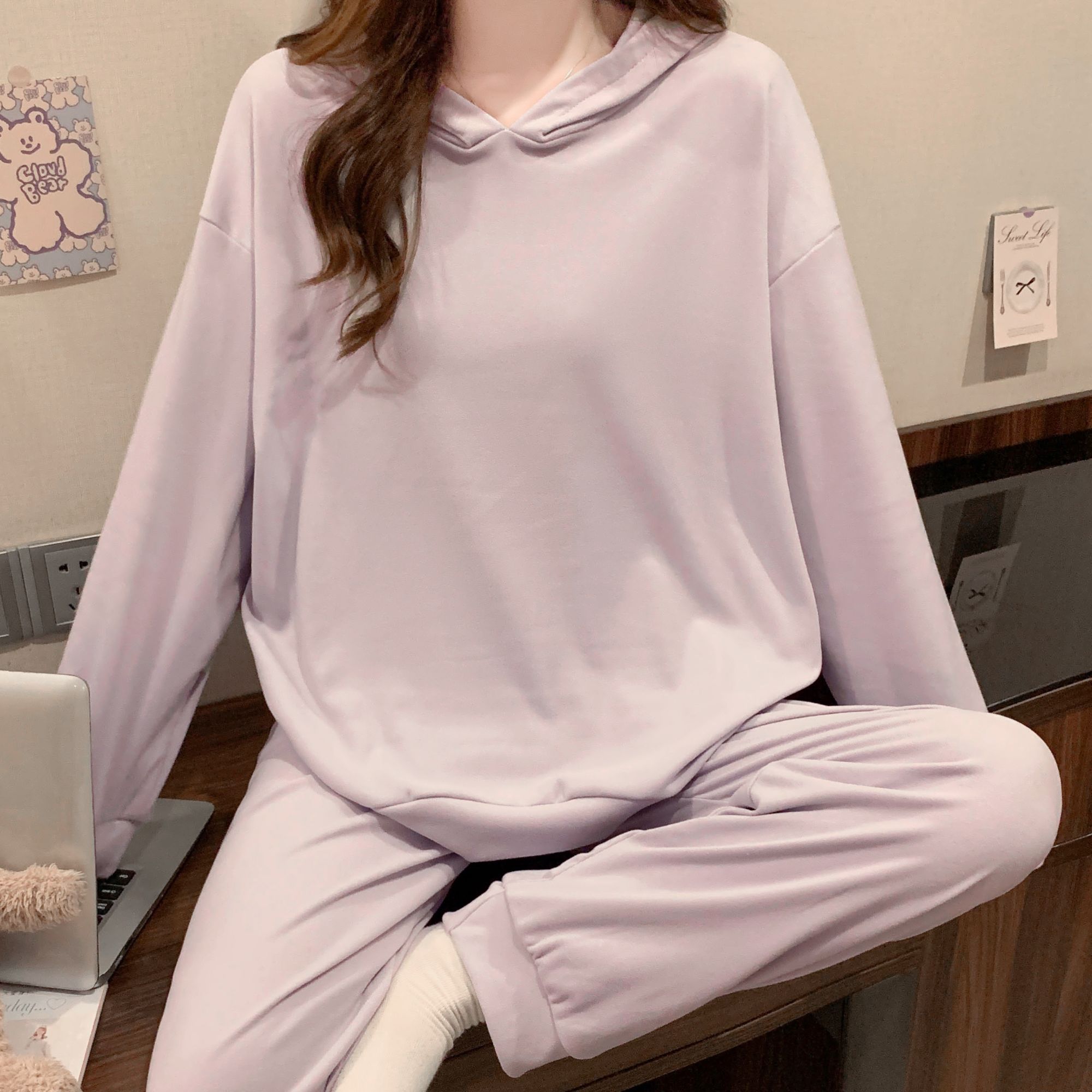 2025年新款秋冬季德绒睡衣女长袖长裤可外穿宽松连帽家居服两件套