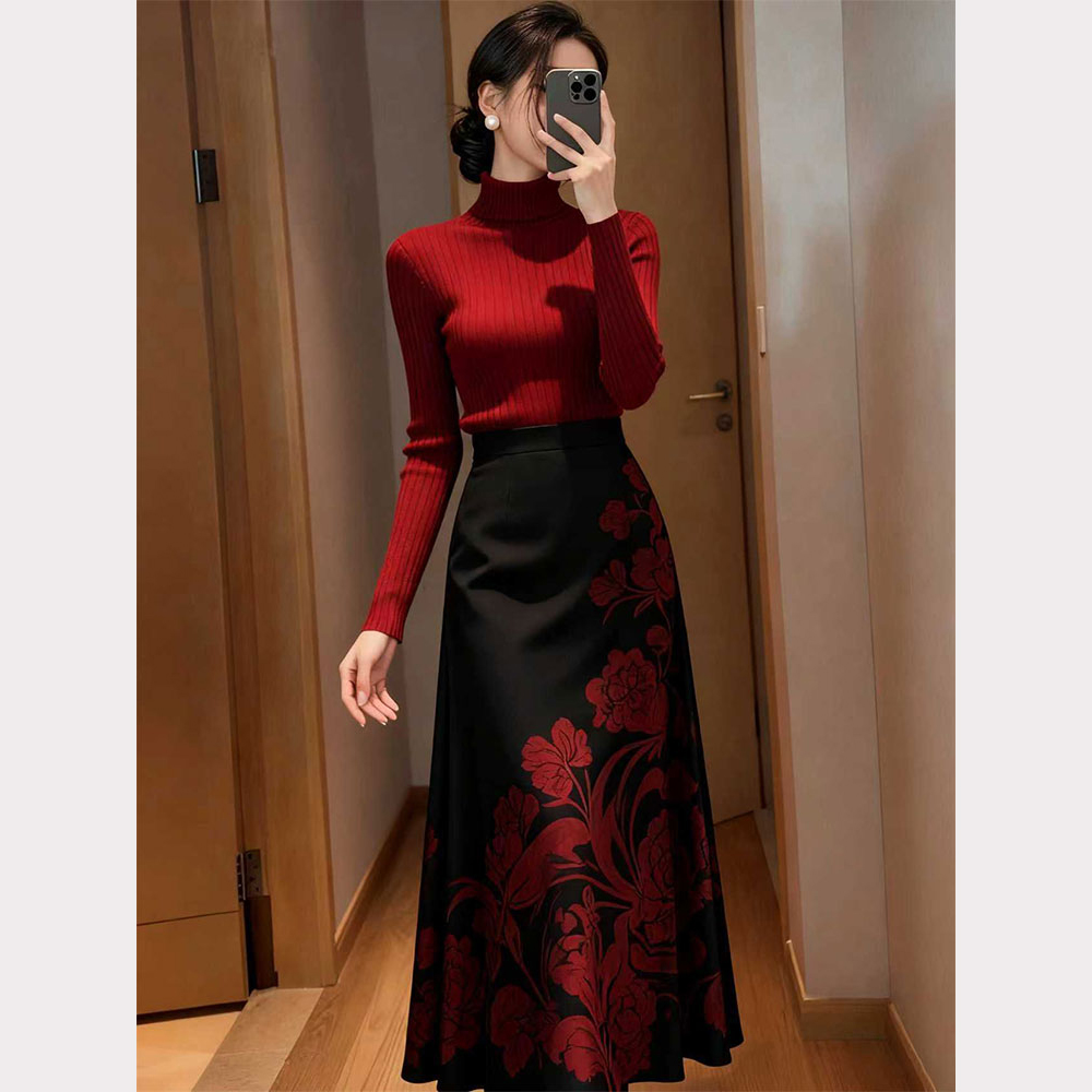 秋冬季新款女装复古轻熟风时尚气质的红色针织毛衣印花半身裙套装