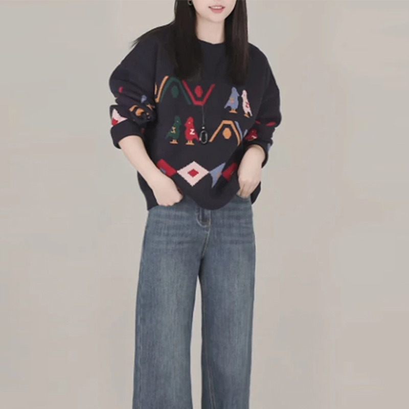 时髦潮流高级感长袖套头毛衣女款减龄休闲百搭卡通图案针织衫上衣