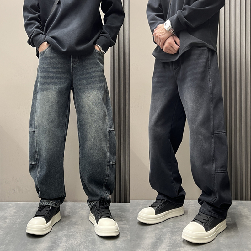 2025秋冬加绒拼接休闲牛仔裤直筒裤水洗做旧男潮流宽松阔腿牛仔裤