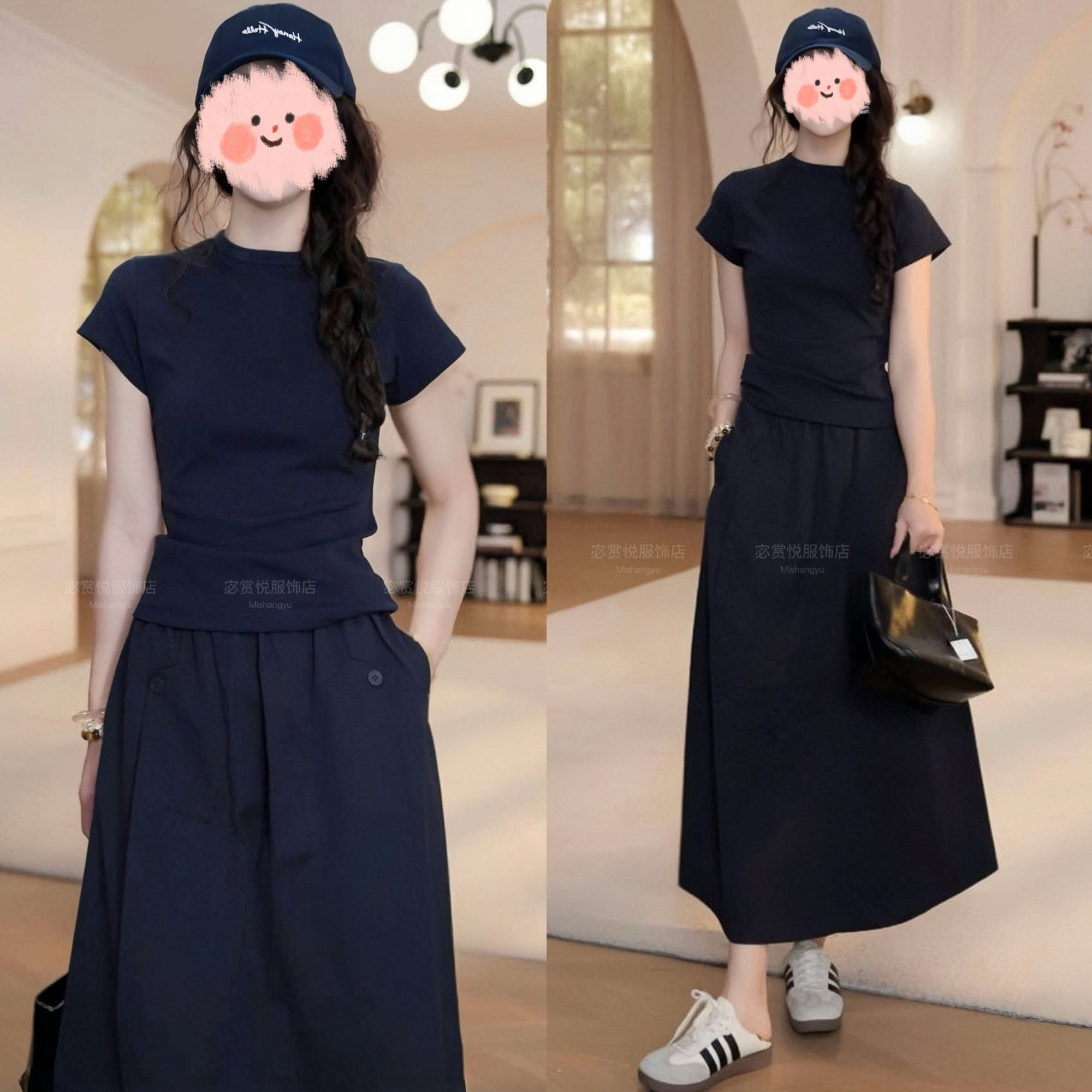 2025夏季简约纯色净版短袖T恤上衣显瘦百搭休闲半身裙气质套装女