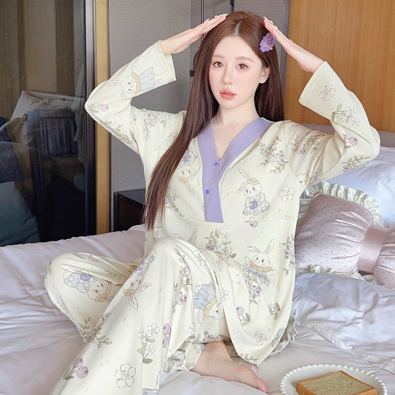 带胸垫孕妇睡衣夏季薄款产后产妇哺乳月子服春秋季家居服8-11月份