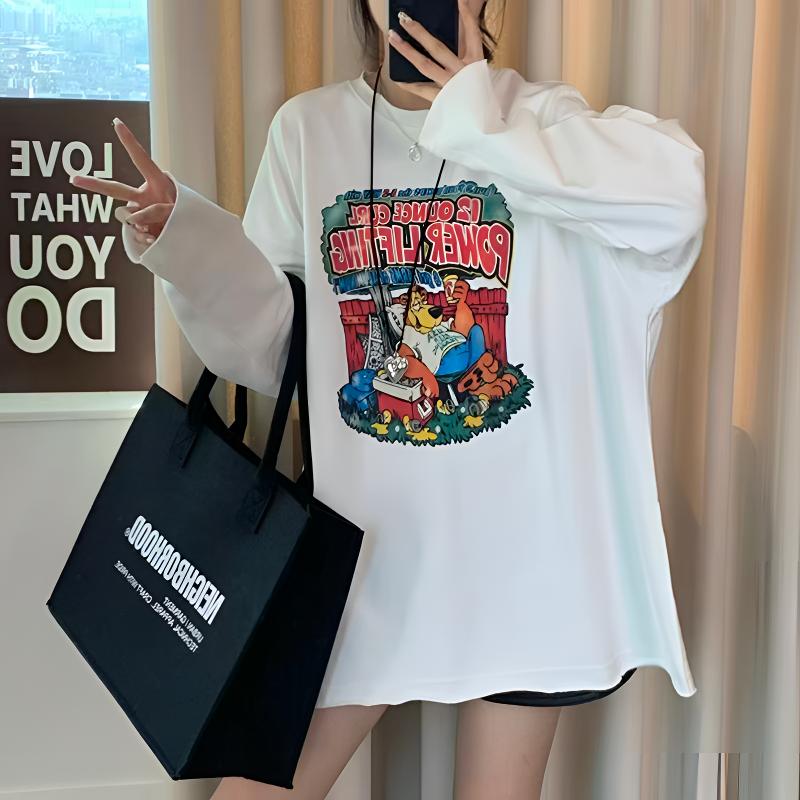 欧货慵懒卡通印花圆领长袖卫衣女秋冬遮屁股洋气中长款宽松上衣