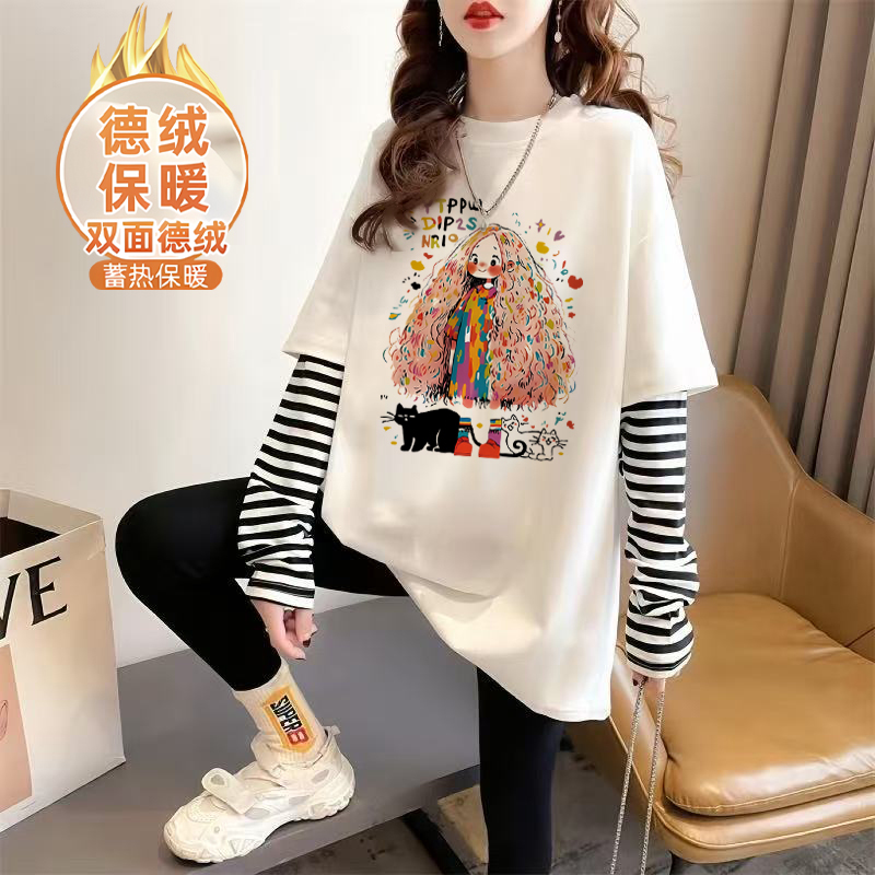 德绒加厚长袖t恤女秋冬季设计感中长款假两件内搭打底衫保暖上衣