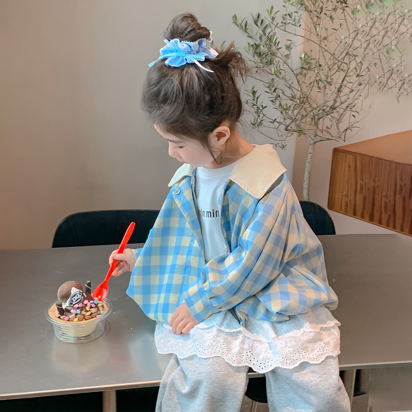 女童秋装长袖衣服公主风春季翻领拉链格子普通外套休闲时髦小童装