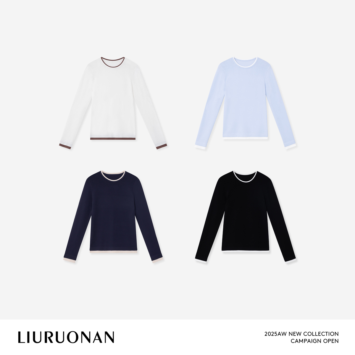 LIURUONAN 25FL【chao舒服打底T恤】圆领撞色边针织衫秋季内搭上衣