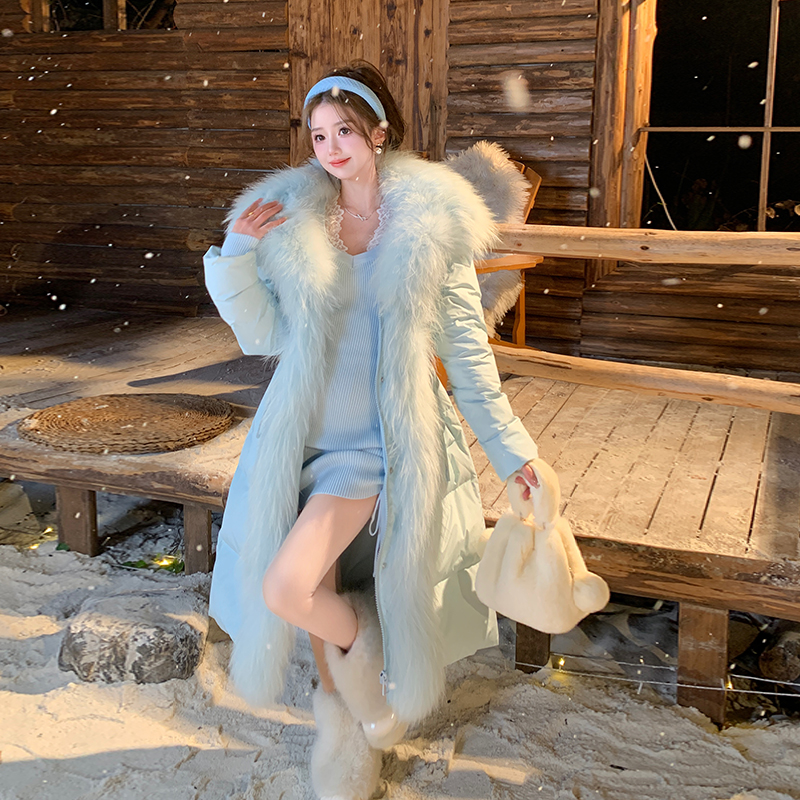 冰冰来了【天鹅湖畔】貉子毛领羽绒服长款白鸭绒外套时尚26384