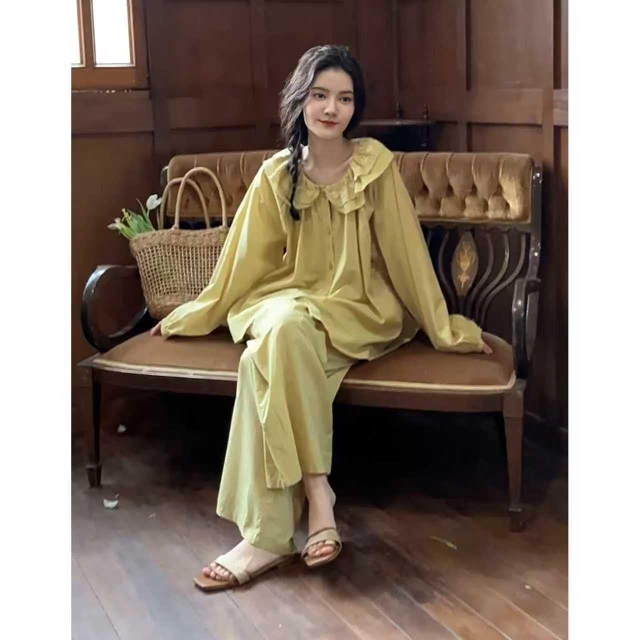 睡衣女士法式复古风绣花纯棉长袖长裤家居服新款娃娃领套装可外穿