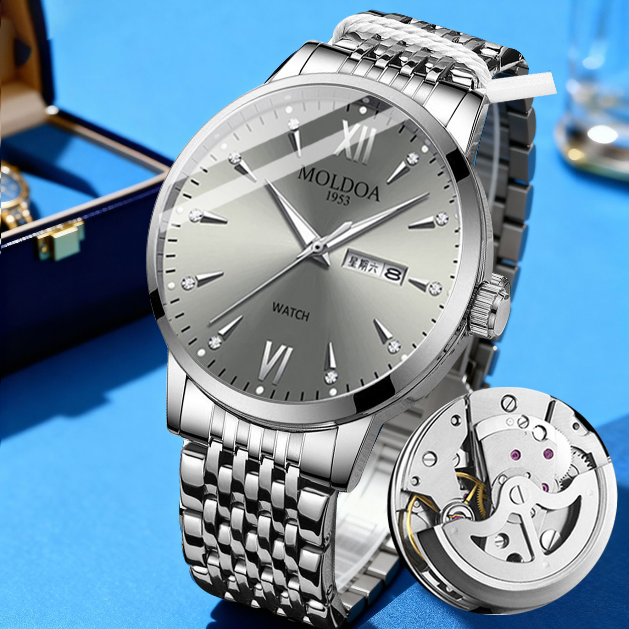 【双日历】全自动机芯男士手表防水钢带多功能带星期日历全自动男表