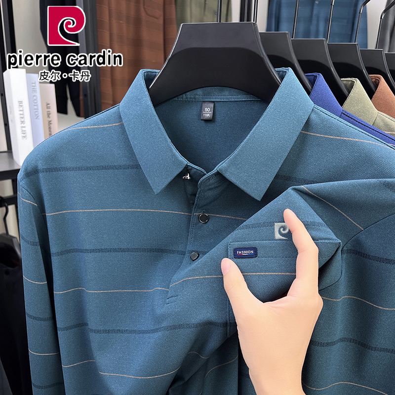 皮尔卡丹男士长袖t恤新款春秋季真口袋爸爸装商务休闲条纹polo衫
