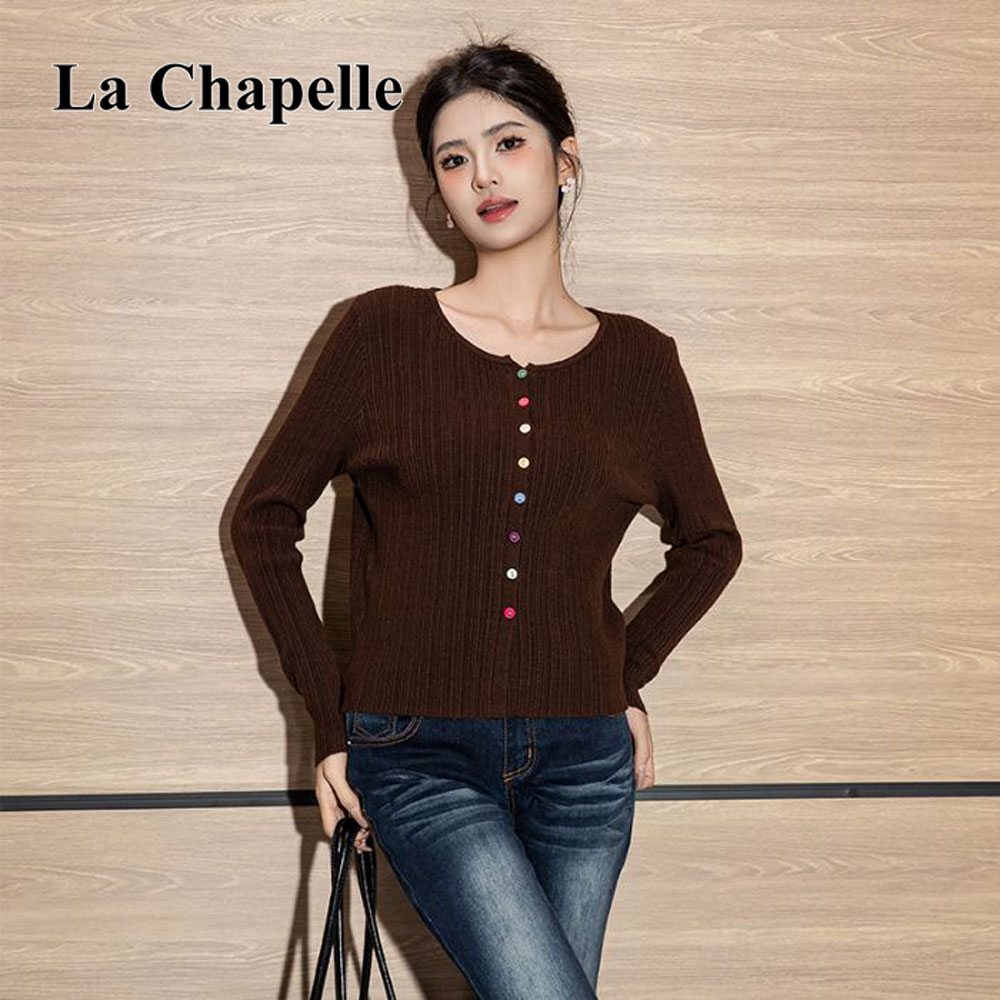 拉夏贝尔2025秋冬时尚长袖针织衫女彩虹纽扣爆款慵懒风开衫上衣潮