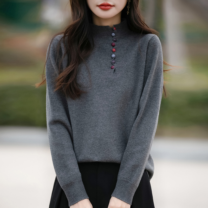 秋冬大码半高领毛衣女彩扣2025新款宽松遮肚子百搭针织女士打底衫