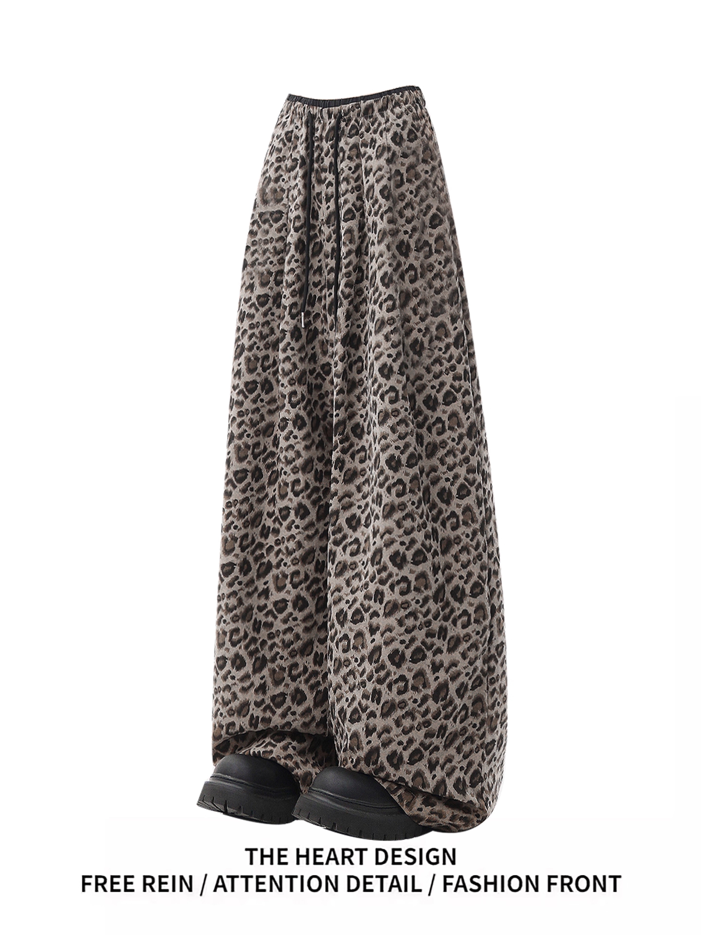 美式复古辣妹松紧抽绳豹纹休闲裤女早秋高腰宽松显瘦直筒阔腿长裤