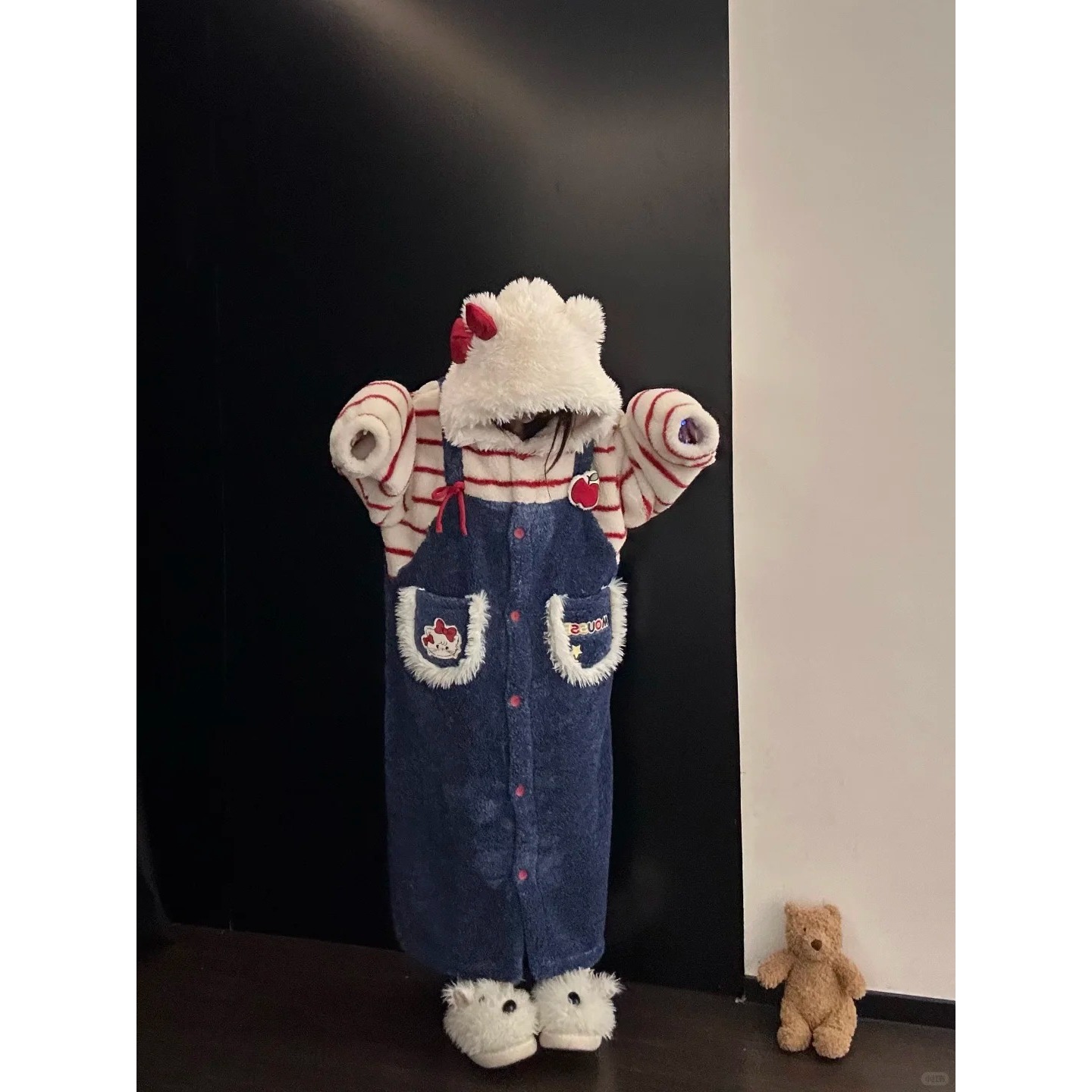 甜美风少女玛丽猫珊瑚绒睡袍女秋冬新款加绒加厚保暖家居服可外穿