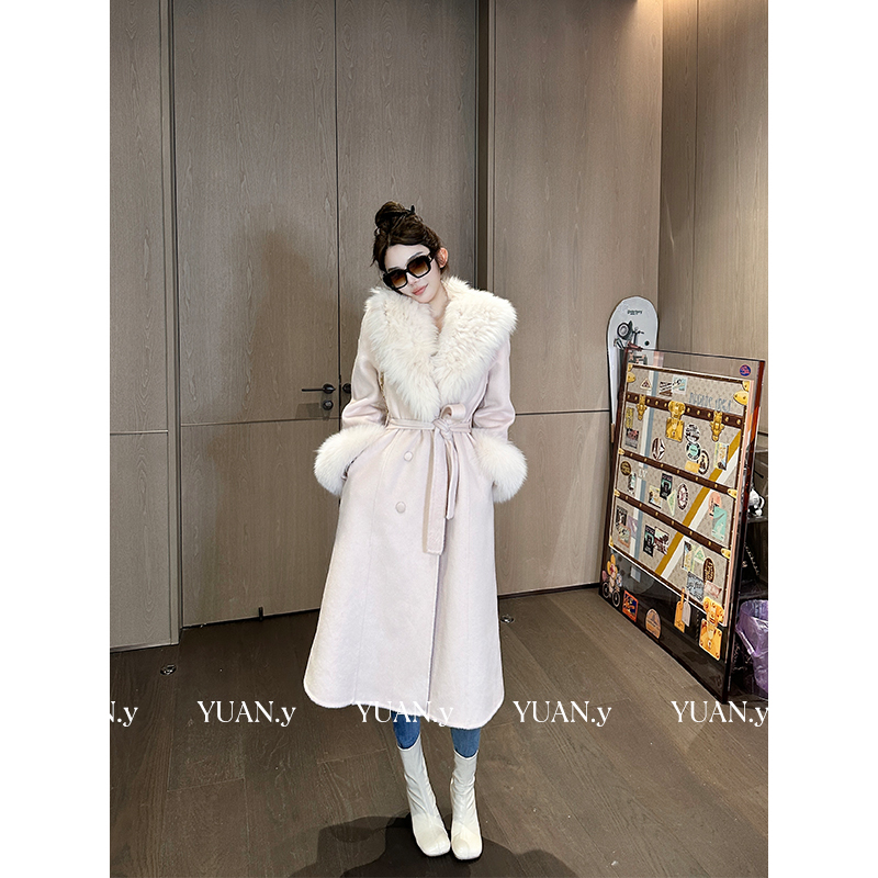 媛媛 【千金裘】白色100羊毛长款大衣狐狸毛领新款千金外套#DY0181