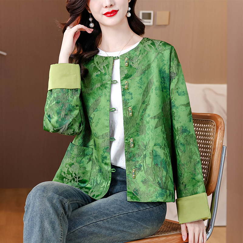 春装新中式高级感外套女2025春季新款国风提花长袖圆领妈妈装上衣