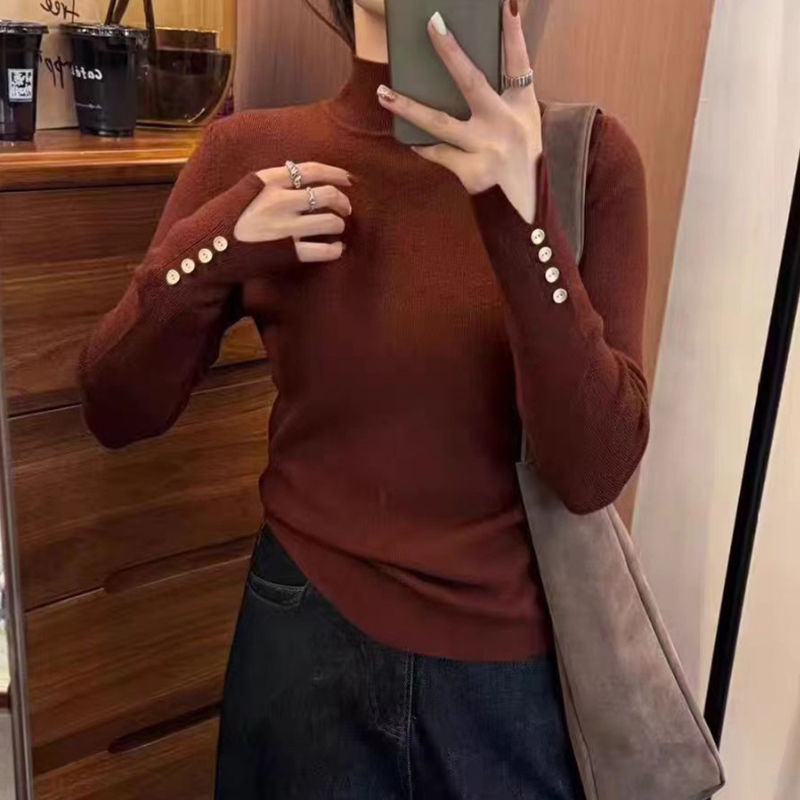 2025新款半高领针织打底衫女套头百搭修身设计感内搭毛衣