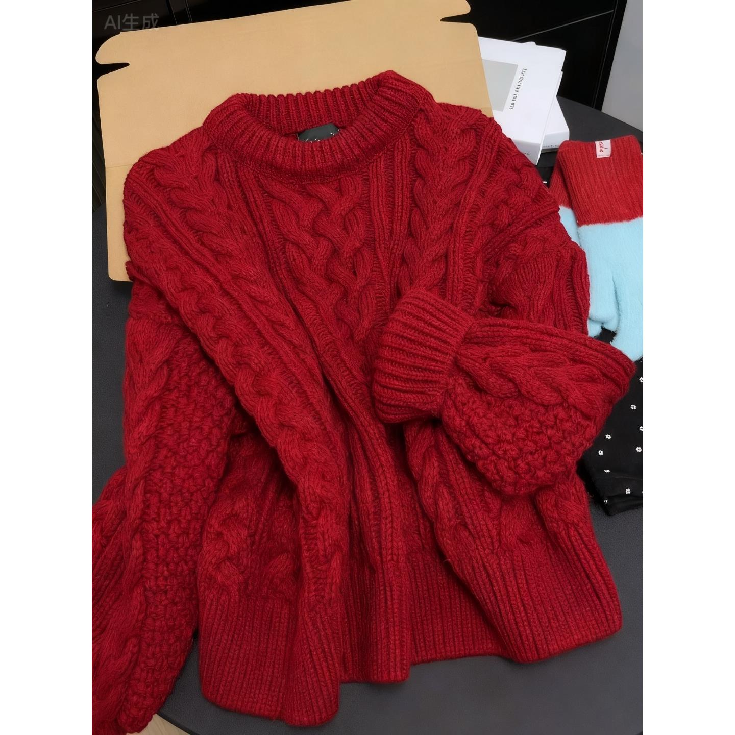 冬日氛围感~慵懒风复古麻花圆领毛衣女秋冬高级感宽松保暖针织衫