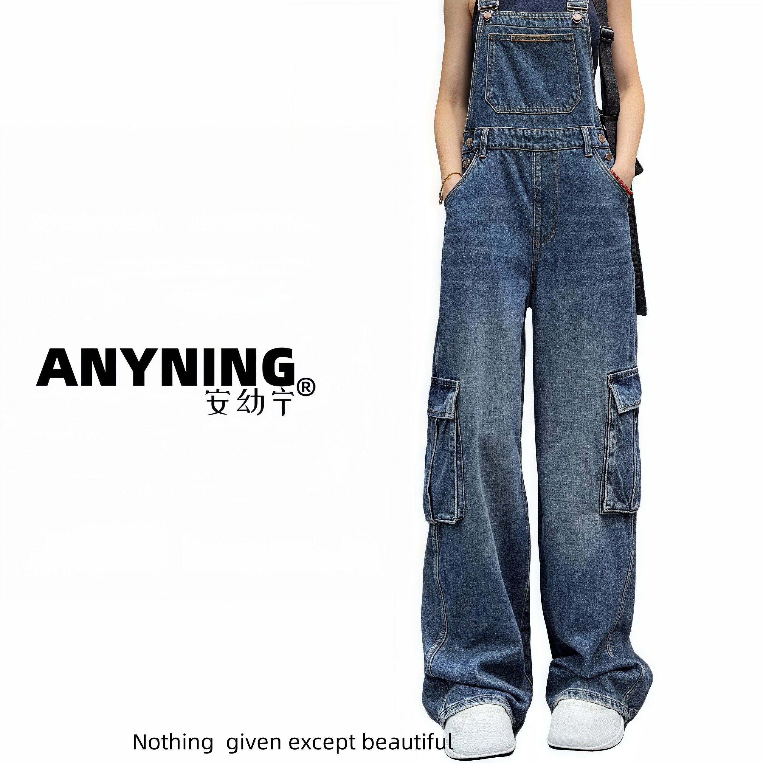 设计感背带裤直筒侧边口袋高腰牛仔裤连体2025早秋长裤时尚穿搭