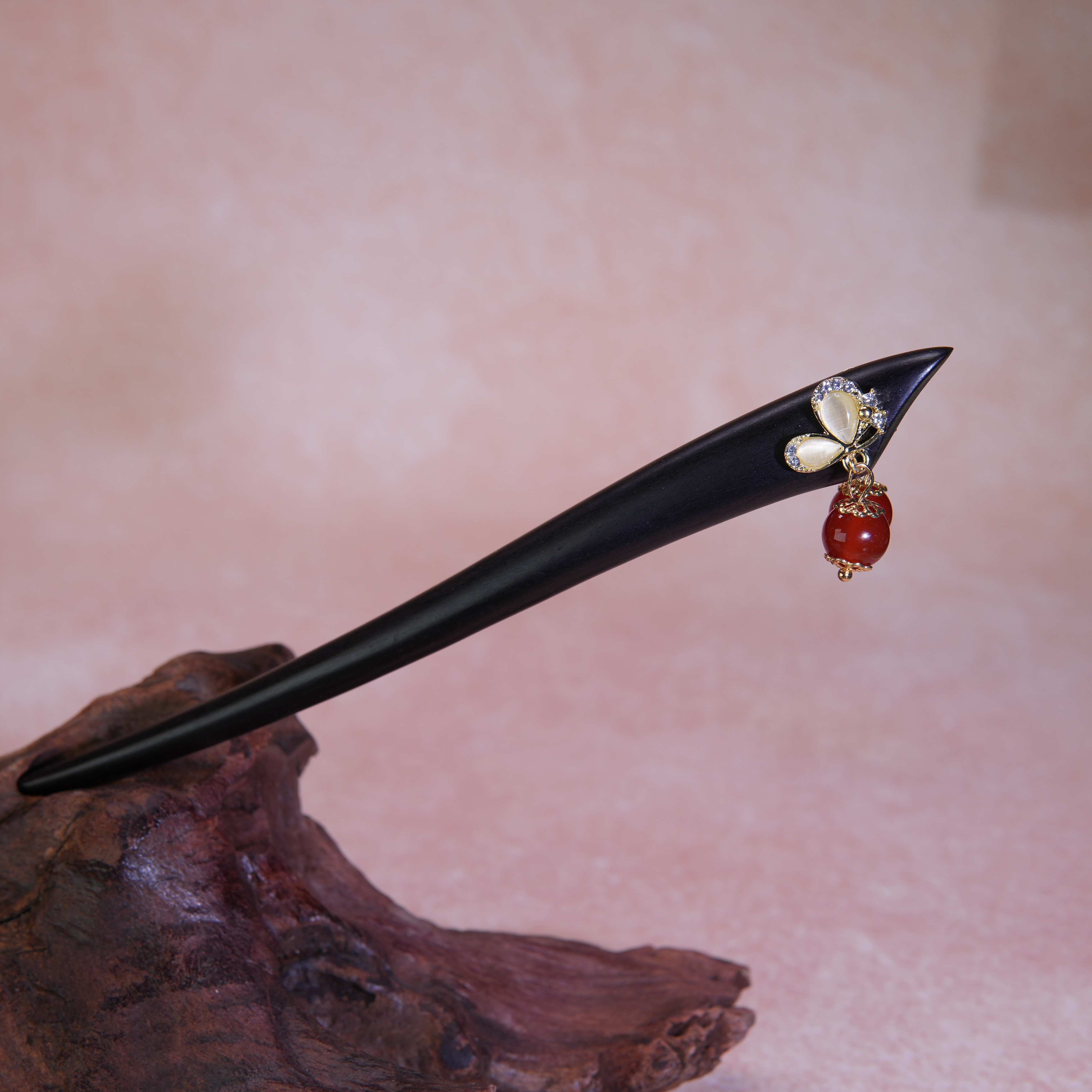 13-15cm黑檀木盘发簪子双面蝴蝶珠珠小巧精致日常百搭轻奢简约