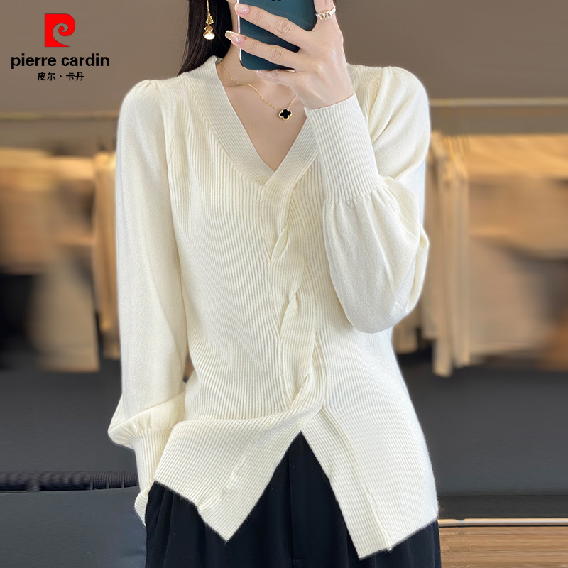 皮尔卡丹早秋V领针织打底衫女2025新款春秋内搭上衣洋气大码女装