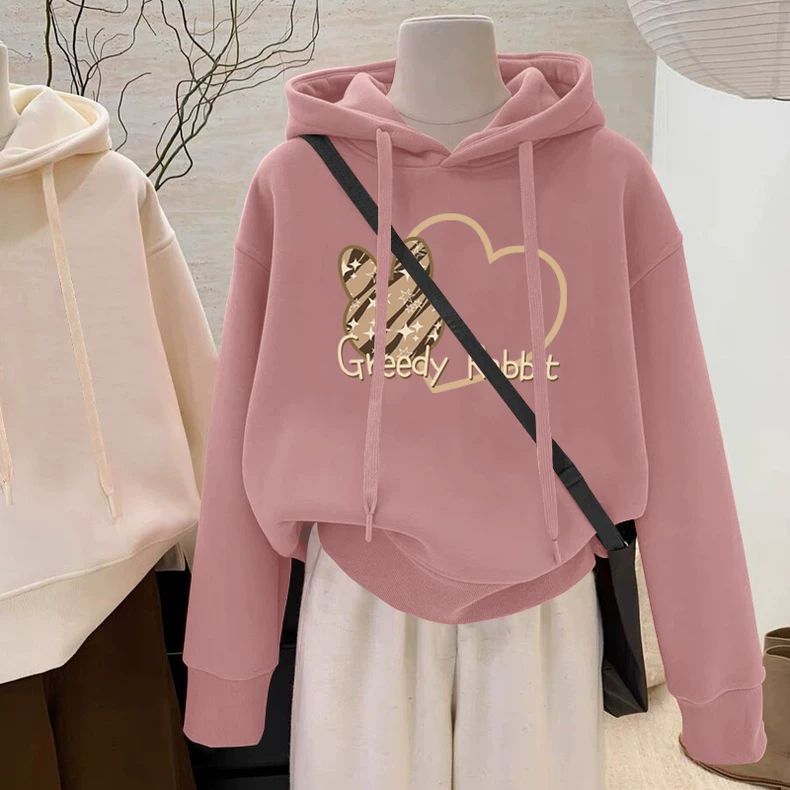 设计感小众秋冬新款2025加绒加厚套头连帽红色卫衣女短款宽松韩版