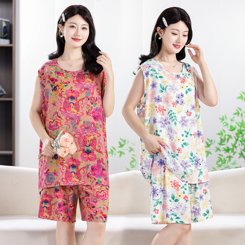 棉绸背心短裤睡衣女士无袖夏季薄款韩版大码宽松绵绸家居服人造棉