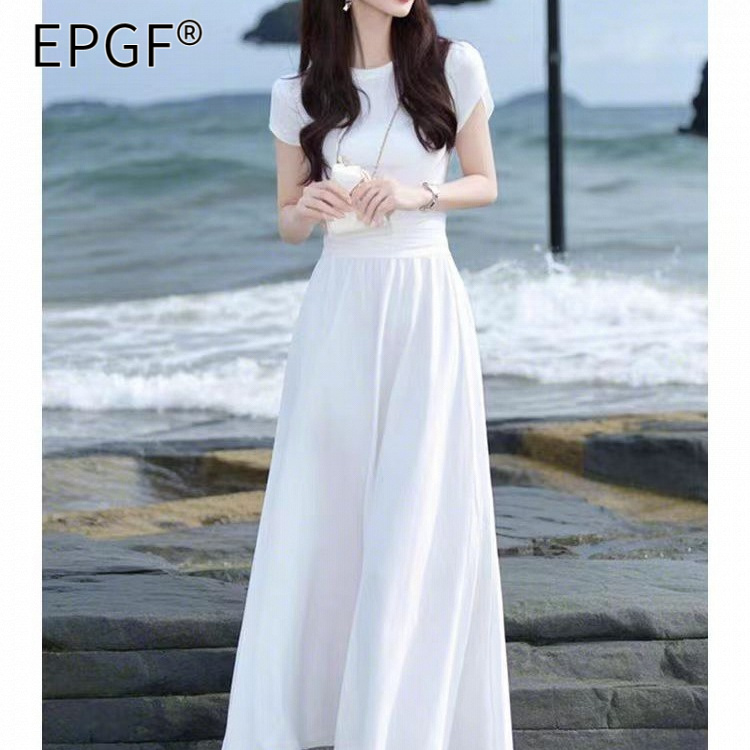 EPGF夏季高端精致气质名媛女神范长裙高级感海边度假超好看白色连